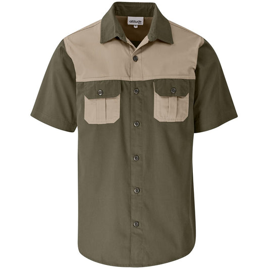 Mens Short Sleeve Serengeti 2-Tone Bush Shirt MILITARY GREEN