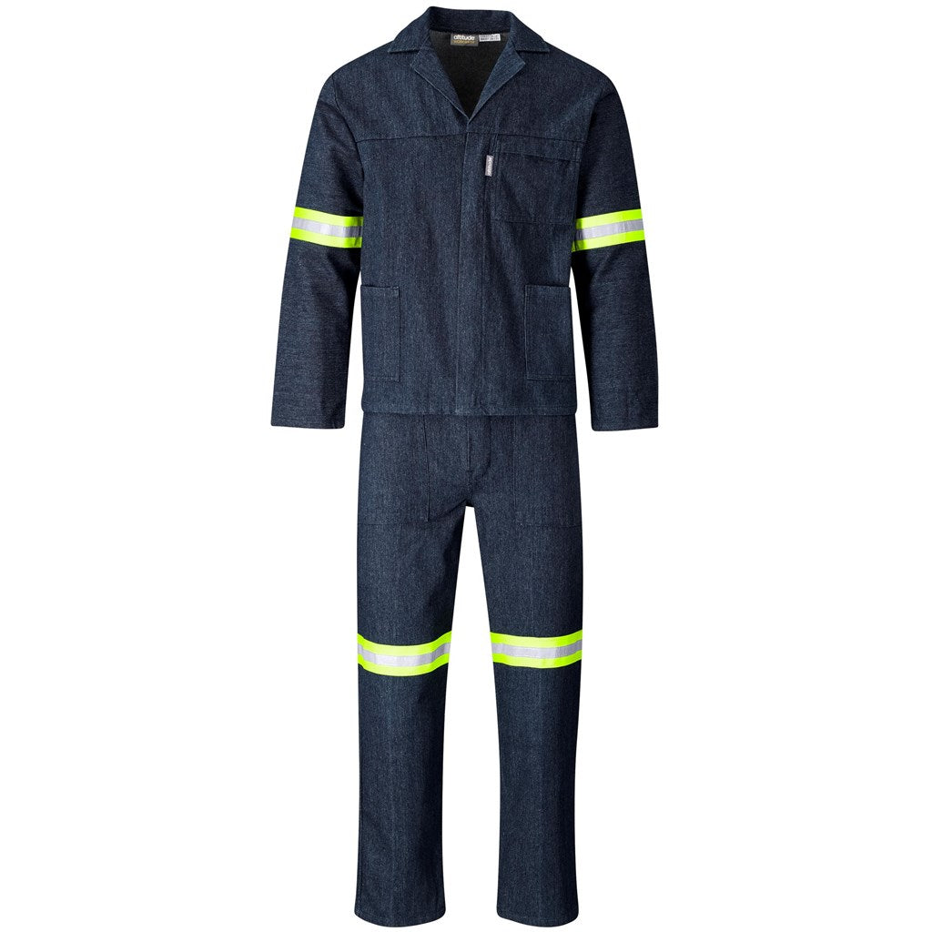 Vintage 100% Cotton Denim Conti Suit - Reflective Arms, Legs & Back - Yellow Tape DARK BLUE