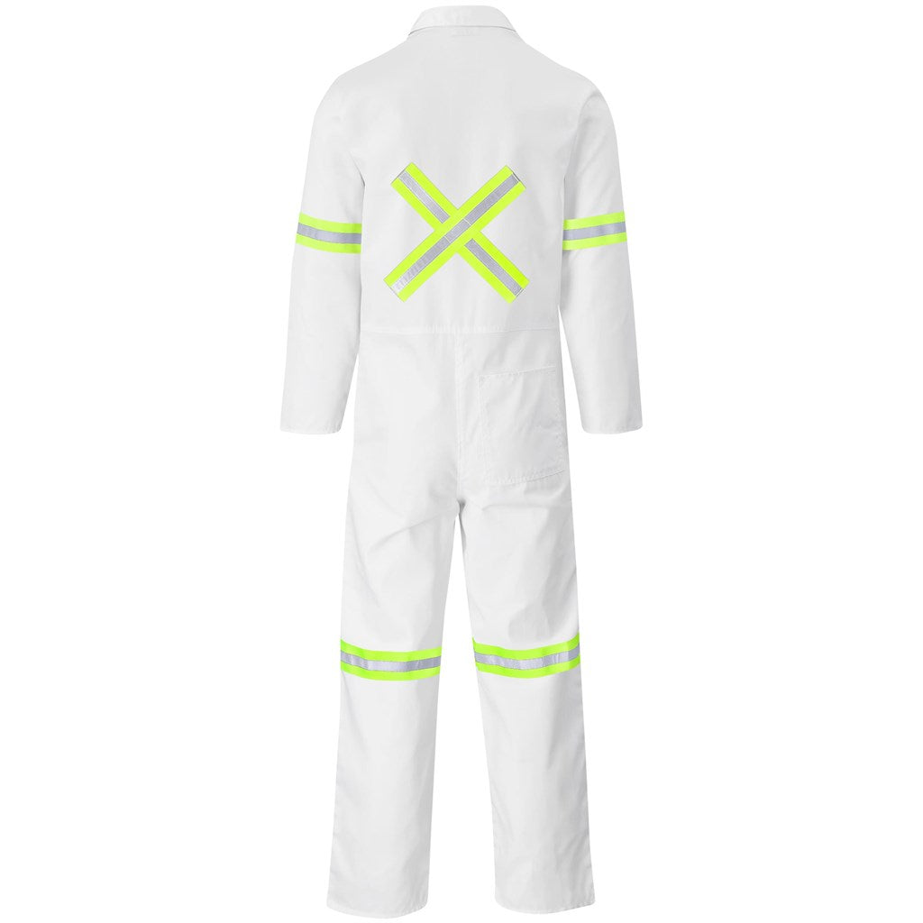 Safety Polycotton Boiler Suit - Reflective Arms Legs & Back - Yellow Tape WHITE