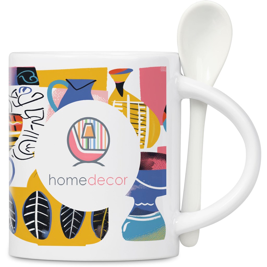 Eden Sublimation Ceramic Coffee Mug & Spoon Set - 320ml SOLID WHITE