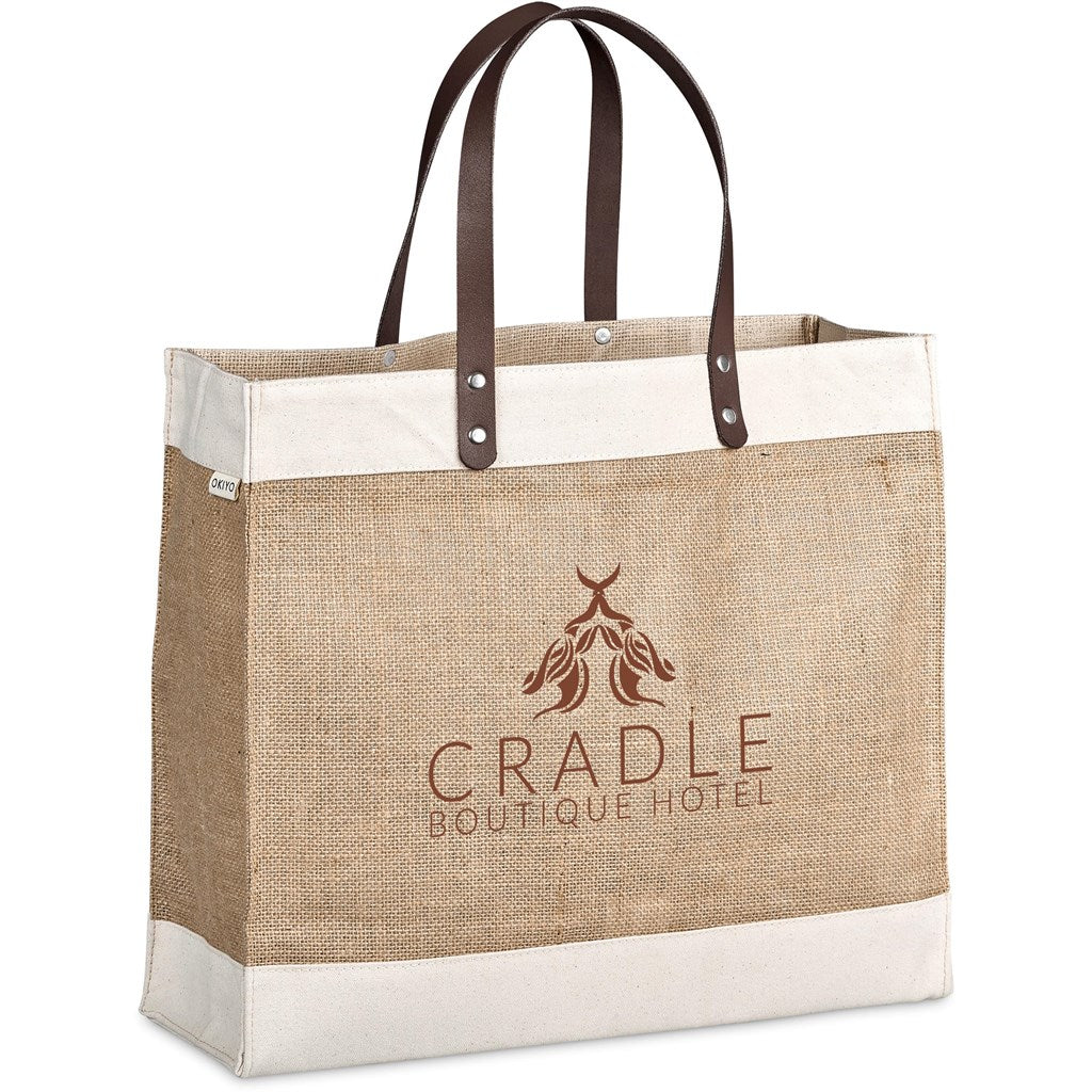 Okiyo Reza Jute & Cotton Tote with Leather Handles NATURAL