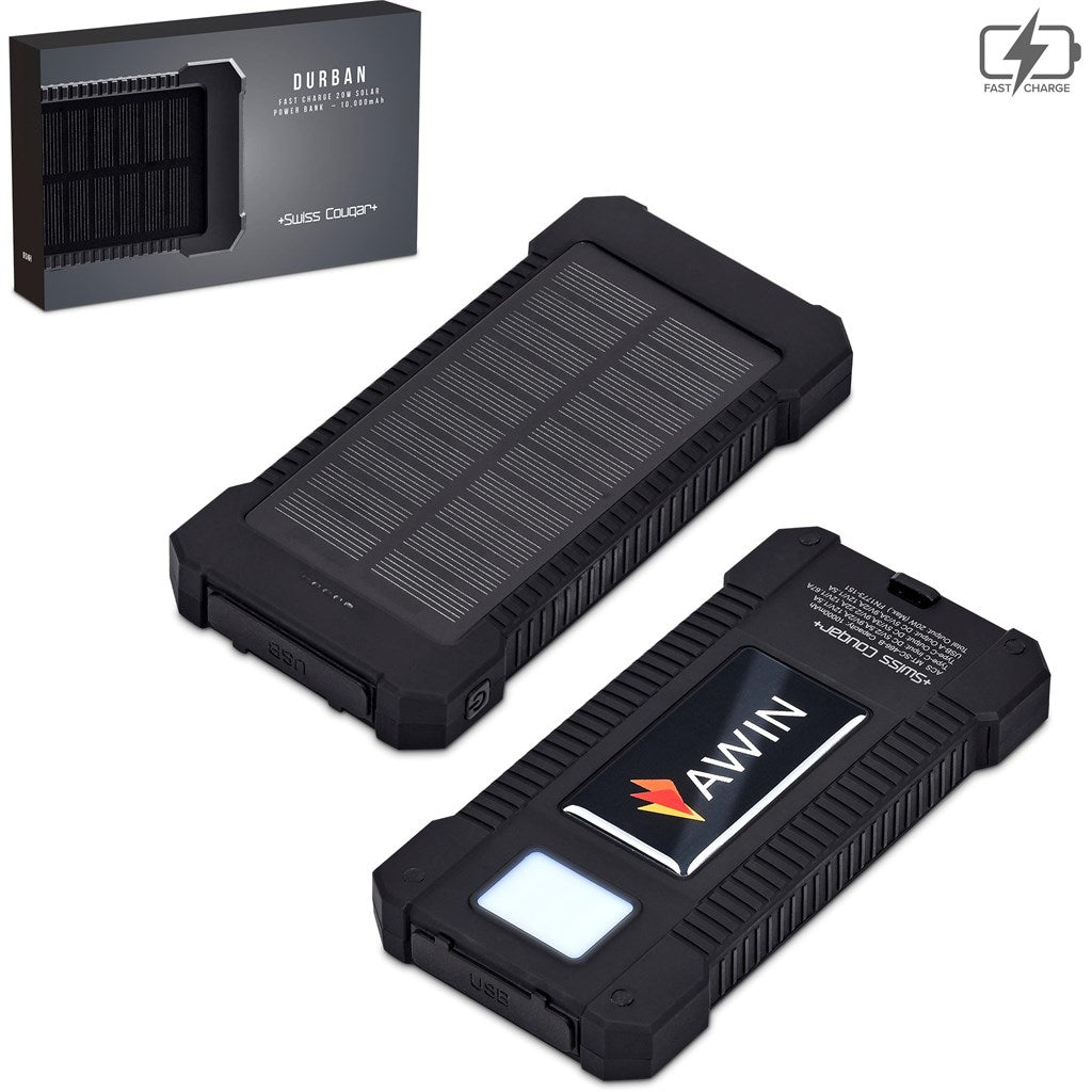 Swiss Cougar Durban Fast Charge 20W Solar Power Bank -10000mAh BLACK