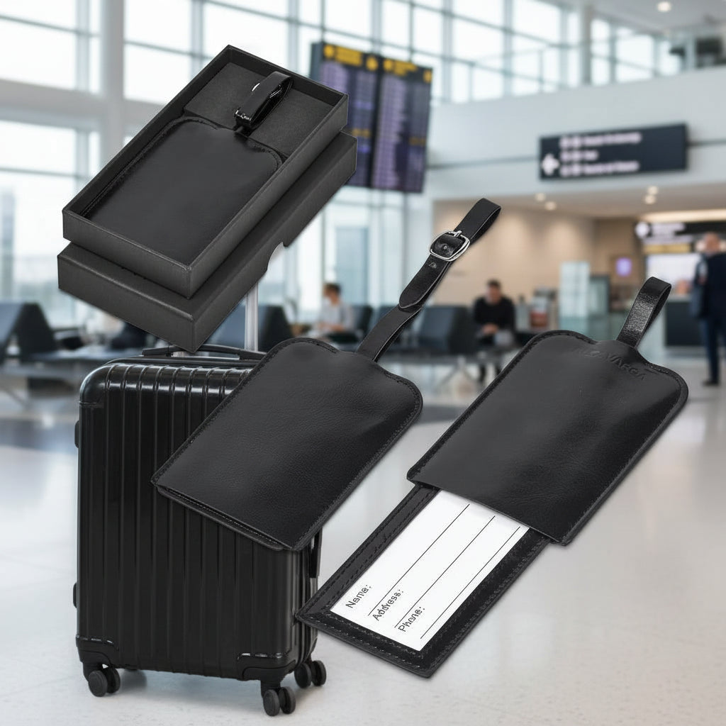 Black leather luggage tag with attached card holder on a white background