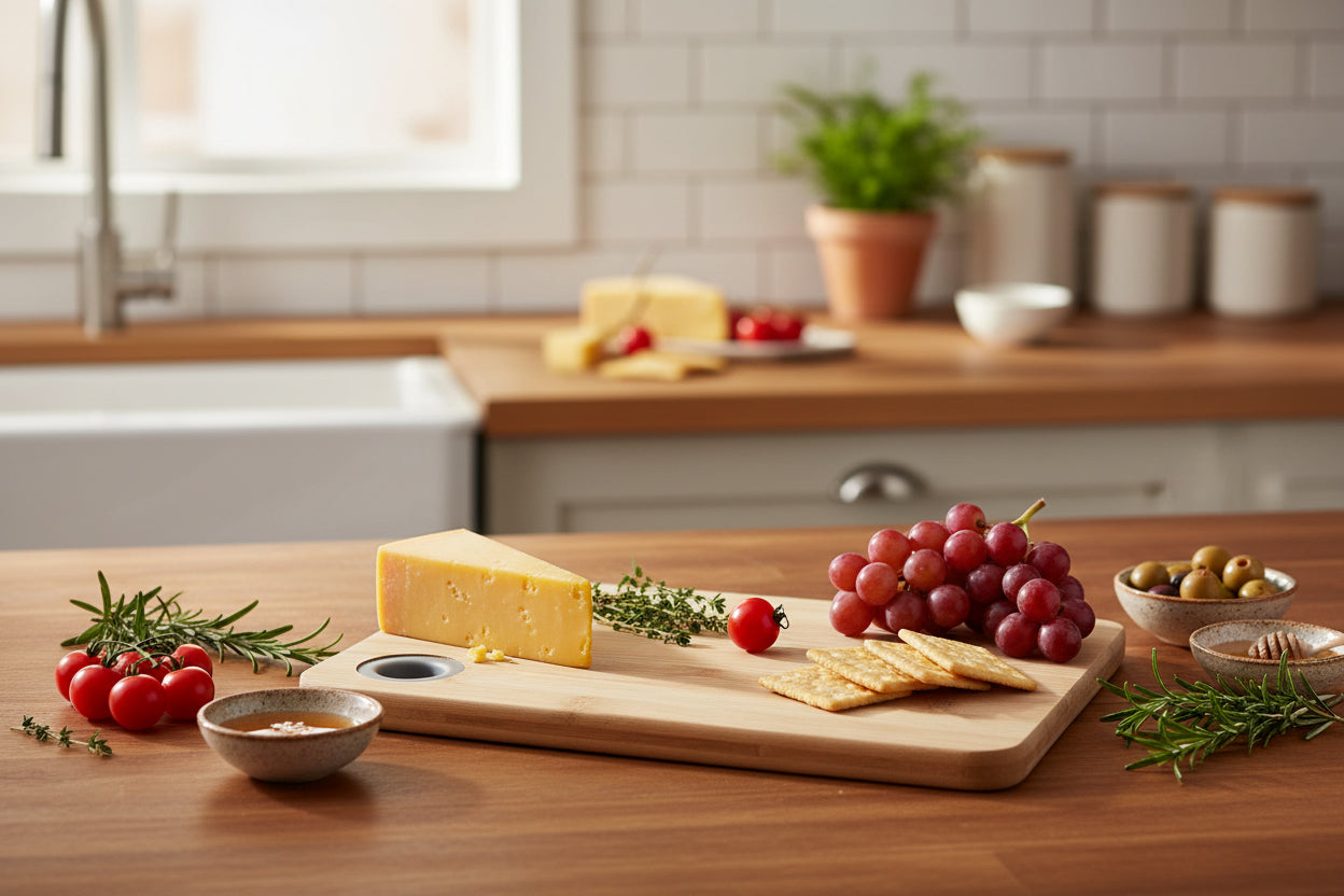 Wooden cutting board with a silver ring on a white background